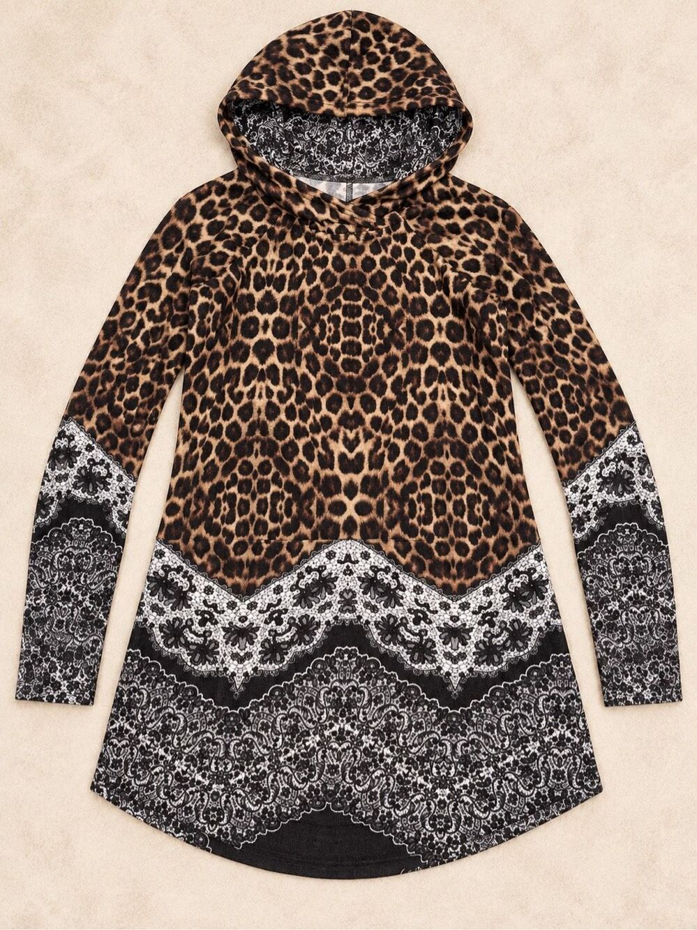 LuLaRoe Amber Hoodie Women’s M Leopard Paisley Colorblock Tunic Pocket Top